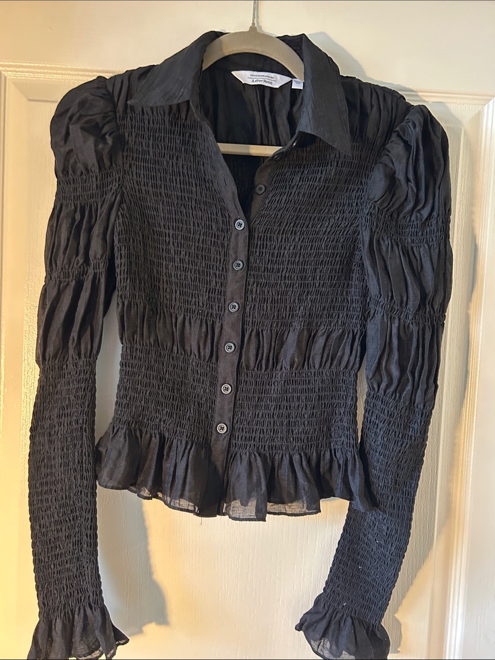 & Other Stories Black Smocked Button-Front Blouse with Ruffle Hem Sise EUR 34